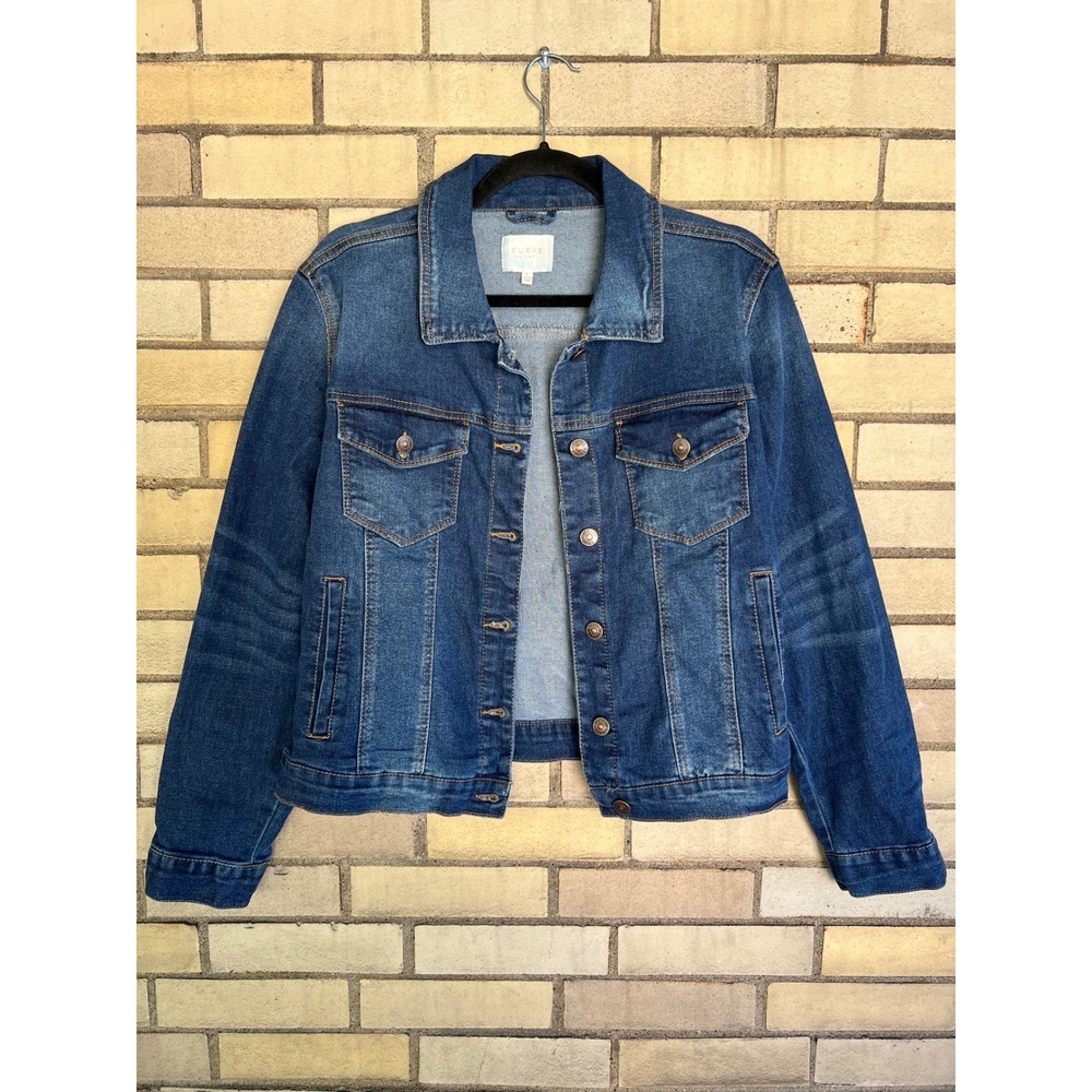 Curve Appeal Stretch Denim Jean Jacket Size Large Dark to Medium Wash Blue
